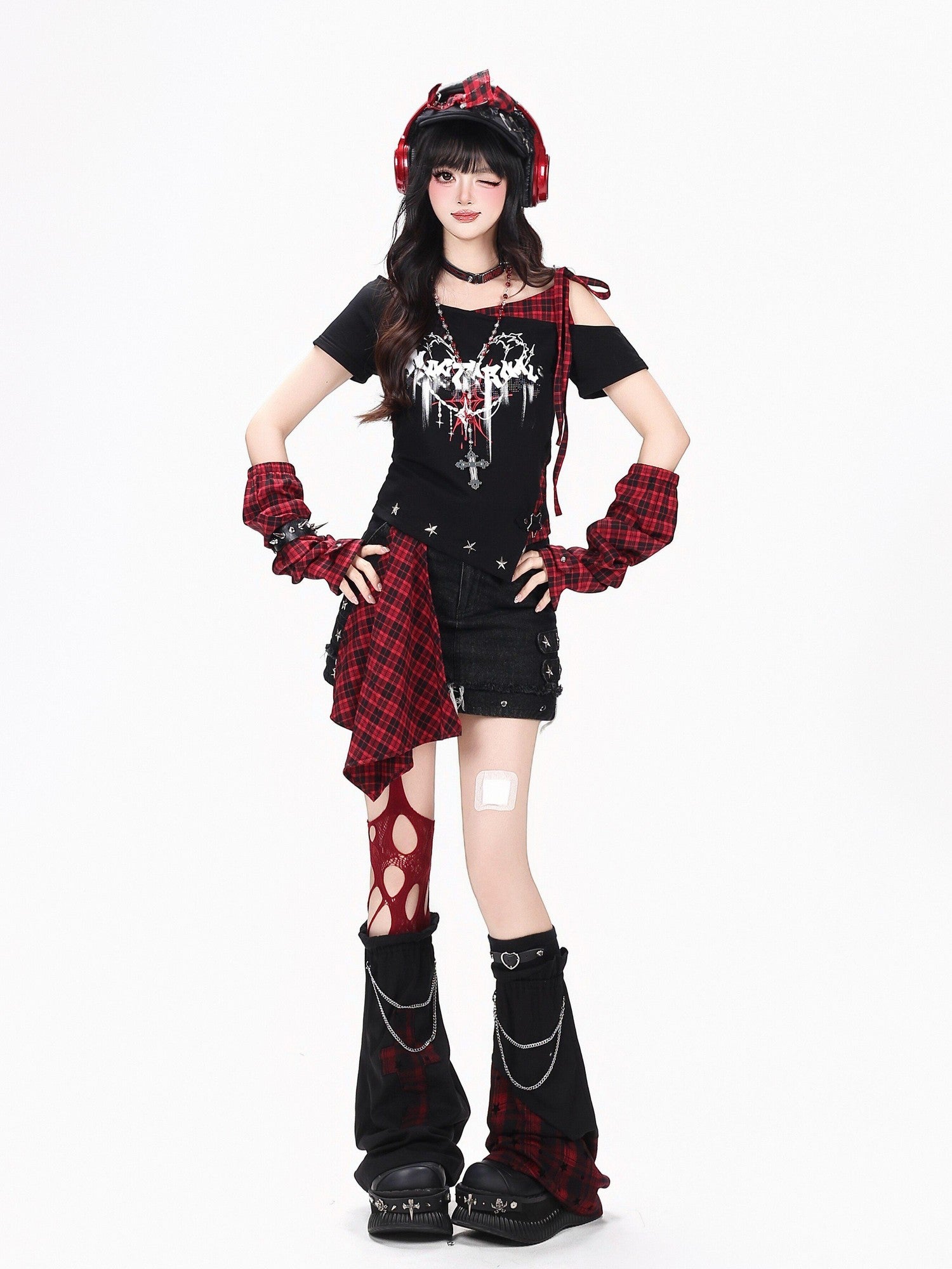 CRAZYGIRL Plaid Asymmetric Lace Up Patchwork One Shoulder Women's Short Sleeve T-shirts