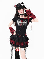 CRAZYGIRL Plaid Asymmetric Lace Up Patchwork One Shoulder Women's Short Sleeve T-shirts
