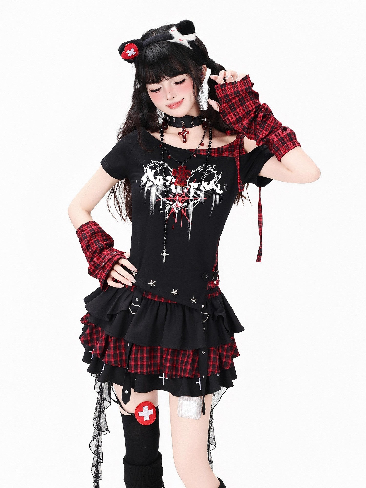CRAZYGIRL Plaid Asymmetric Lace Up Patchwork One Shoulder Women's Short Sleeve T-shirts