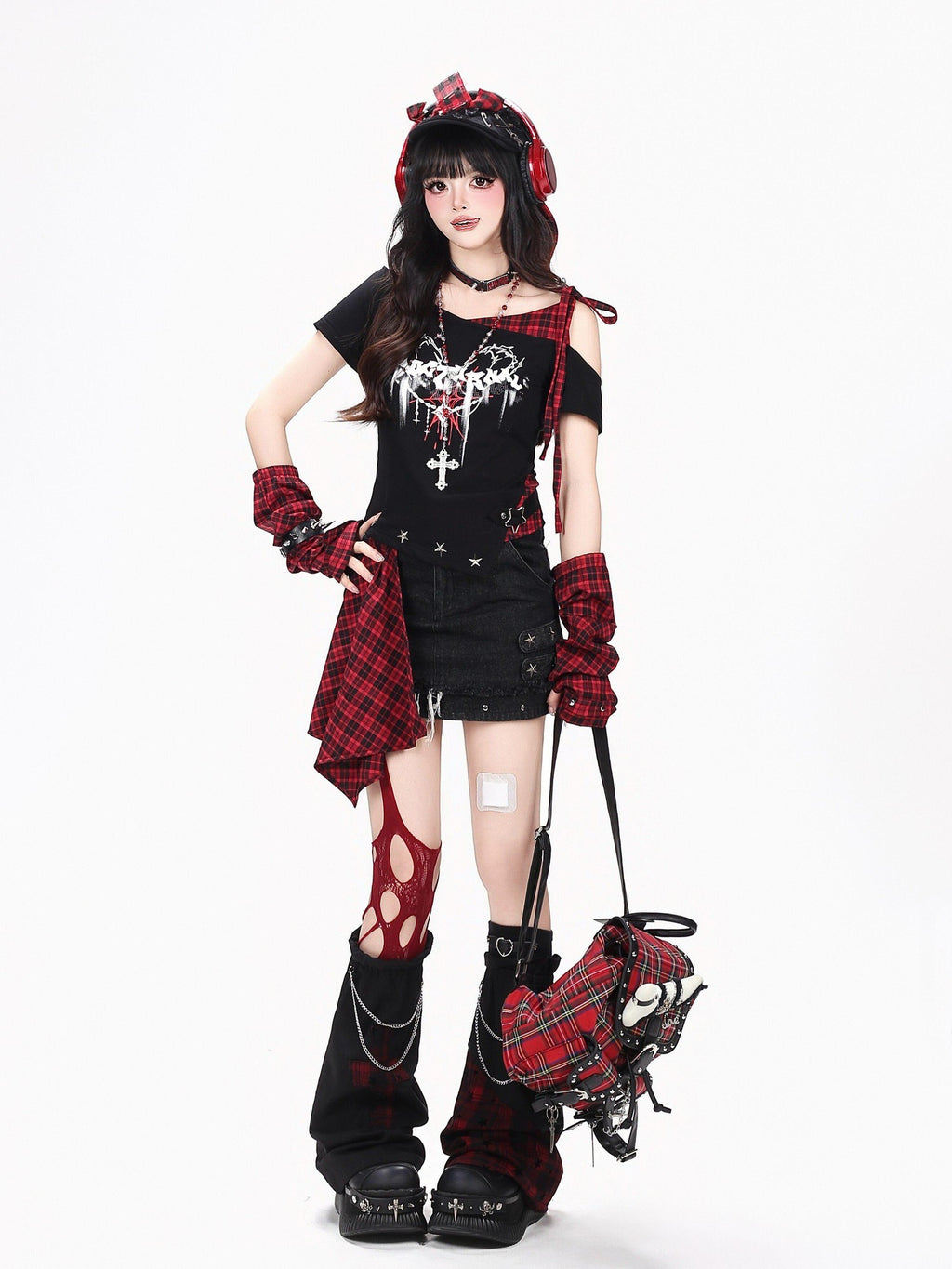 CRAZYGIRL Plaid Asymmetric Lace Up Patchwork One Shoulder Women's Short Sleeve T-shirts