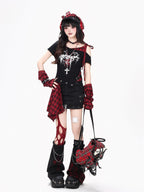 CRAZYGIRL Plaid Asymmetric Lace Up Patchwork One Shoulder Women's Short Sleeve T-shirts