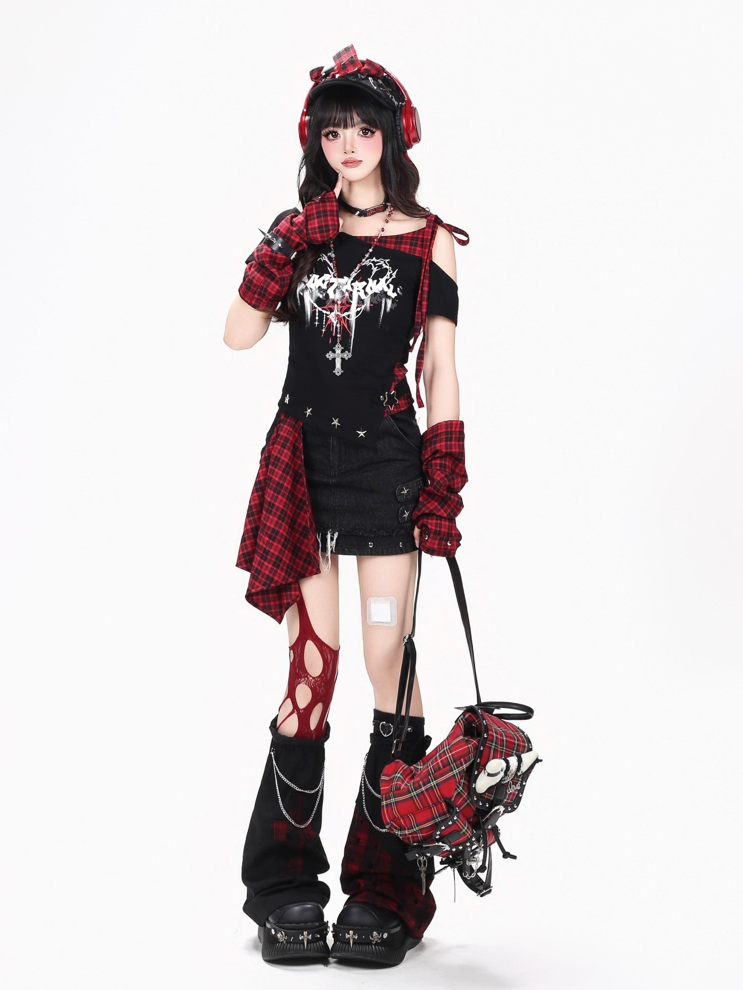 CRAZYGIRL Plaid Asymmetric Lace Up Patchwork One Shoulder Women's Short Sleeve T-shirts