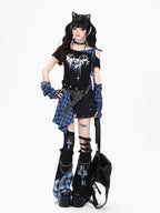 CRAZYGIRL Plaid Asymmetric Lace Up Patchwork One Shoulder Women's Short Sleeve T-shirts