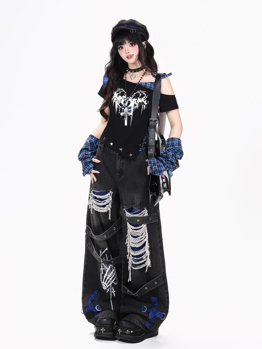 CRAZYGIRL Plaid Asymmetric Lace Up Patchwork One Shoulder Women's Short Sleeve T-shirts