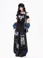 CRAZYGIRL Plaid Asymmetric Lace Up Patchwork One Shoulder Women's Short Sleeve T-shirts