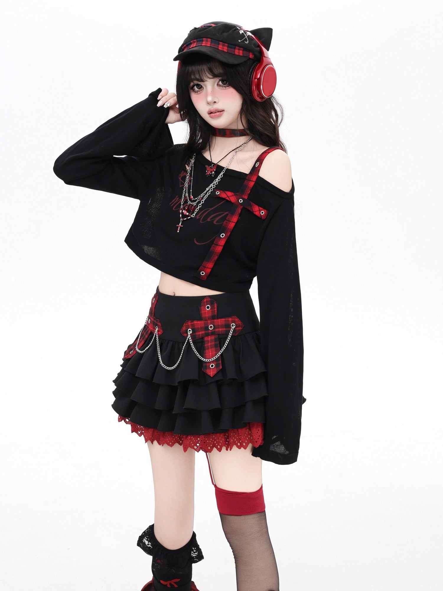 CRAZYGIRL Plaid Colorblock Chain Puffed Cake High Waist Women's Mini Skirts