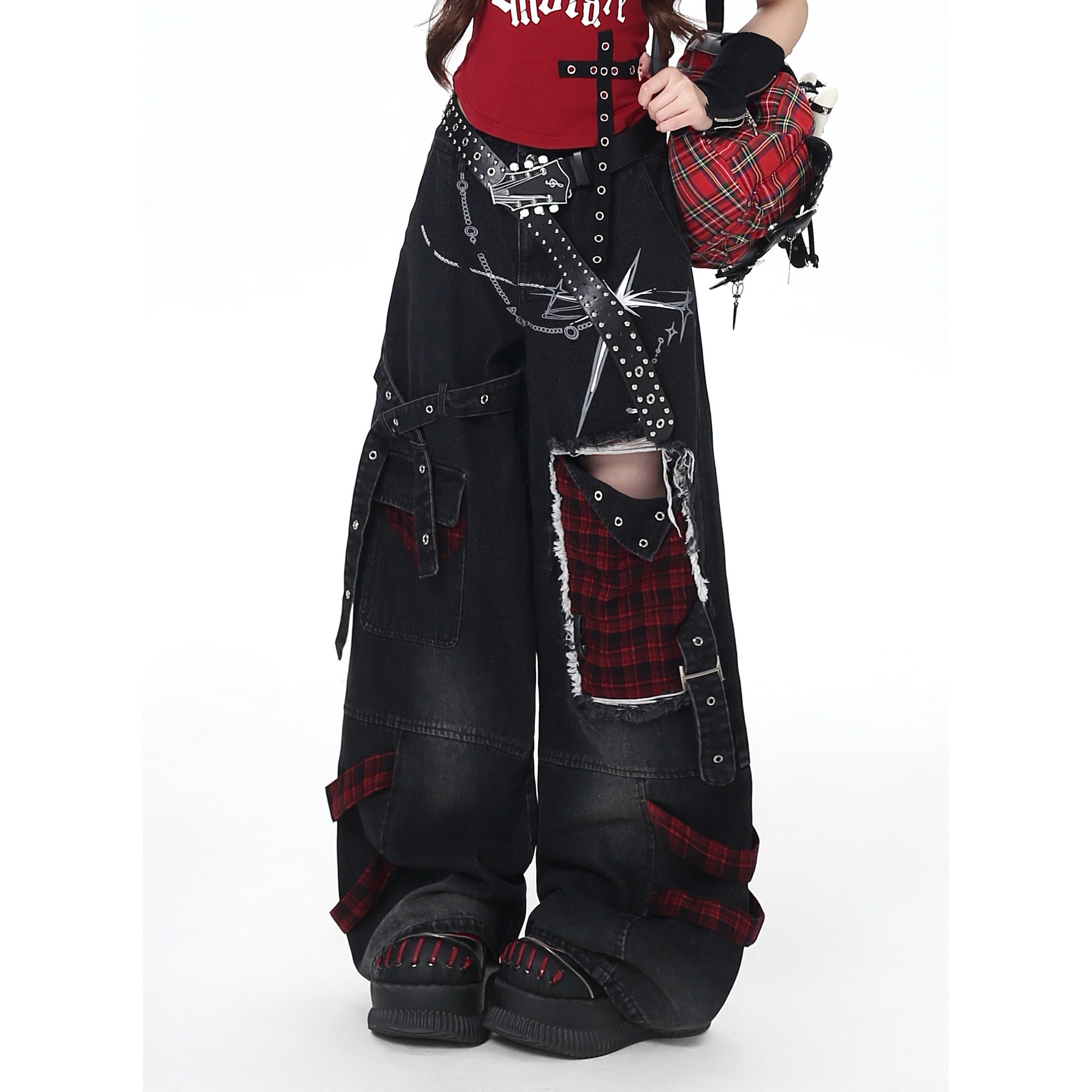 CRAZYGIRL_Plaid_Distressed_Ripped_Punk_Street_High_Waist_Women's_Denim_Wide-leg_Jeans_1026187452875_MISSTT