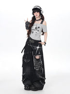 CRAZYGIRL Plaid Distressed Ripped Punk Street High Waist Women's Denim Wide-leg Jeans