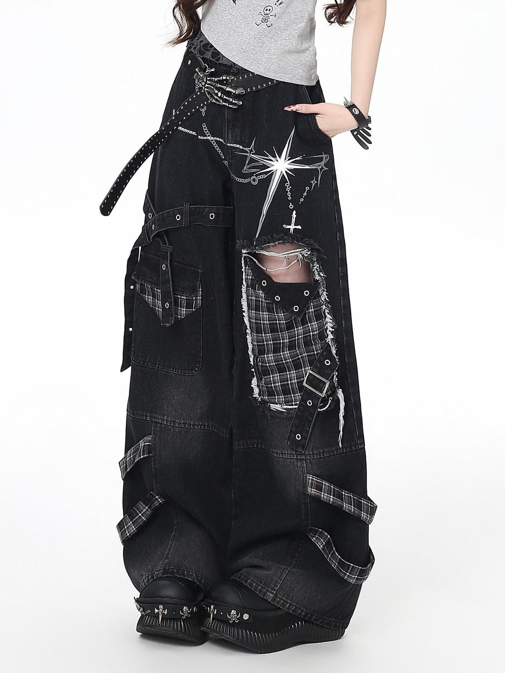 CRAZYGIRL Plaid Distressed Ripped Punk Street High Waist Women's Denim Wide-leg Jeans