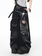 CRAZYGIRL Plaid Distressed Ripped Punk Street High Waist Women's Denim Wide-leg Jeans