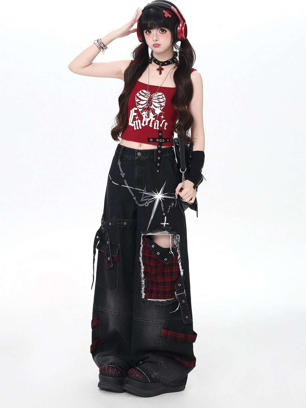CRAZYGIRL Plaid Distressed Ripped Punk Street High Waist Women's Denim Wide-leg Jeans