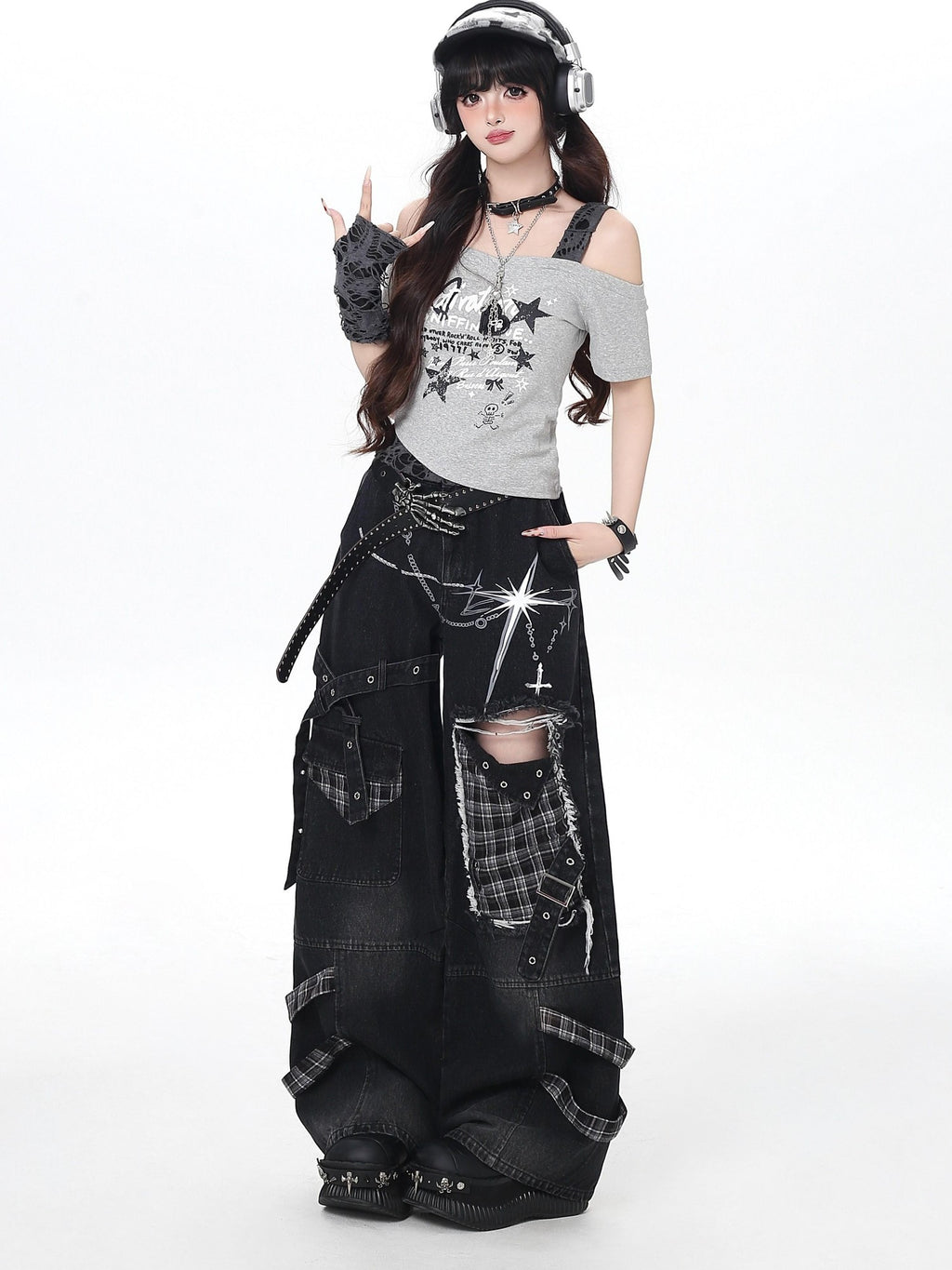 CRAZYGIRL Plaid Distressed Ripped Punk Street High Waist Women's Denim Wide-leg Jeans