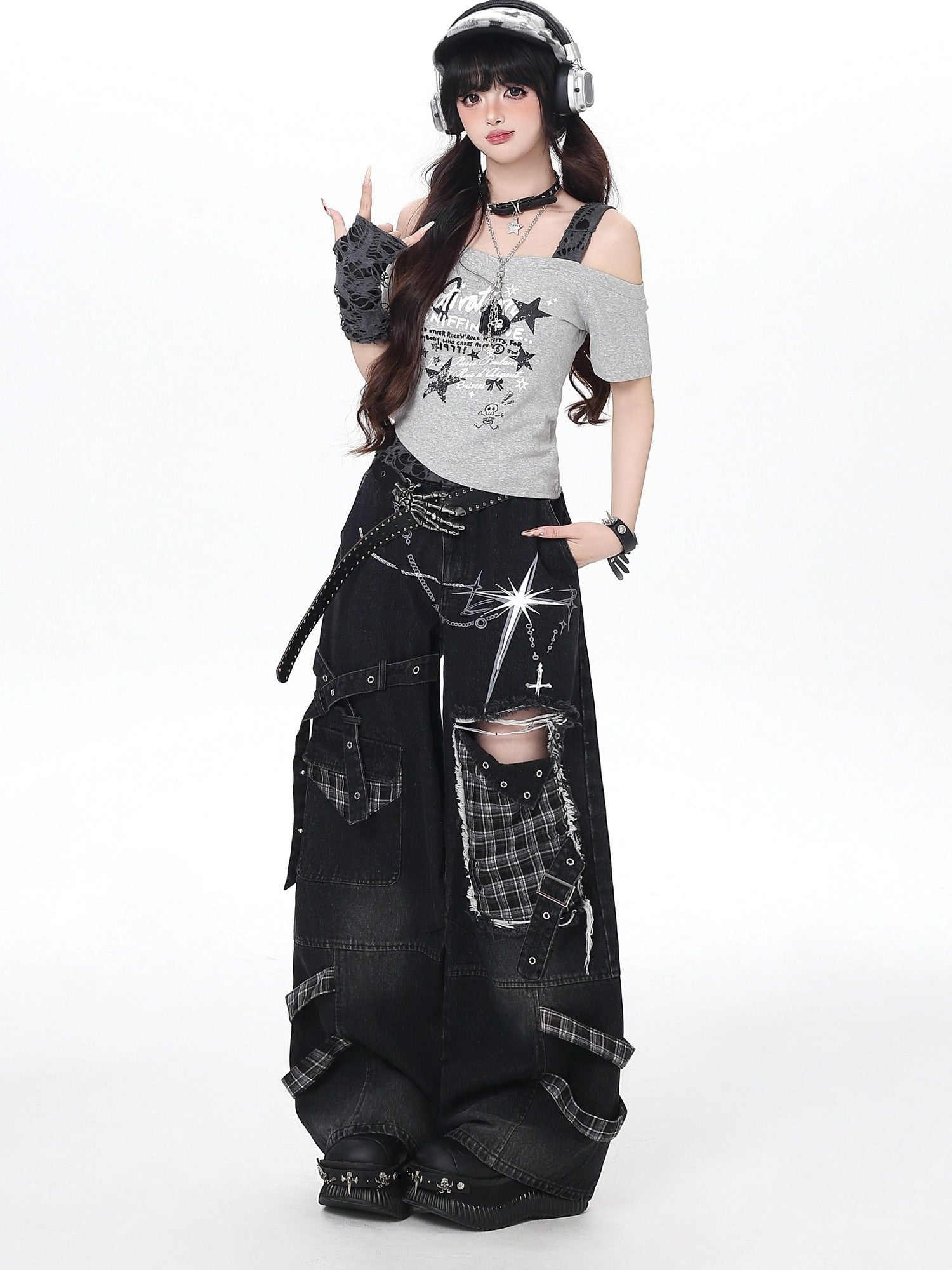 CRAZYGIRL Plaid Distressed Ripped Punk Street High Waist Women's Denim Wide-leg Jeans