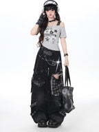 CRAZYGIRL Plaid Distressed Ripped Punk Street High Waist Women's Denim Wide-leg Jeans