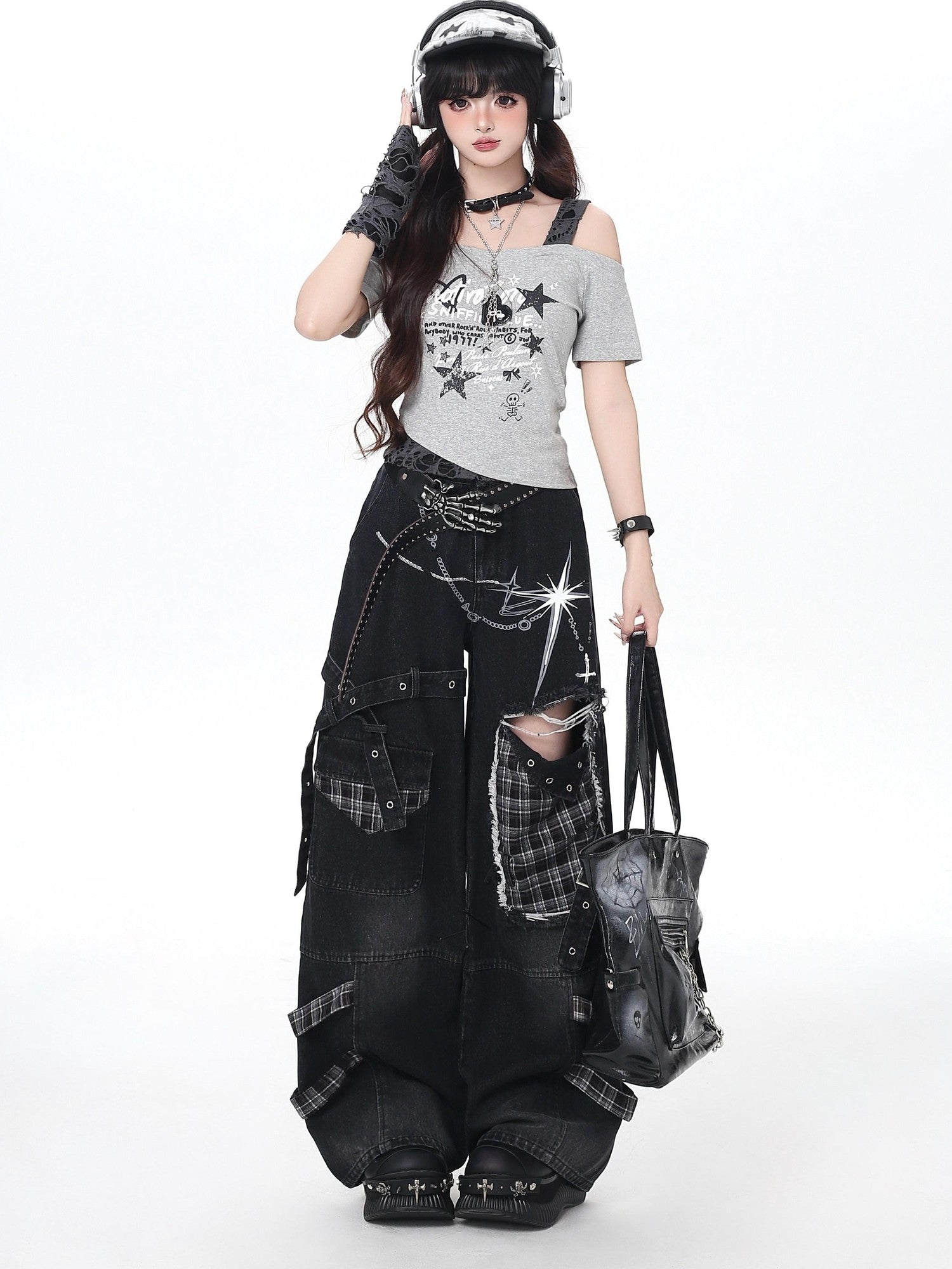CRAZYGIRL Plaid Distressed Ripped Punk Street High Waist Women's Denim Wide-leg Jeans