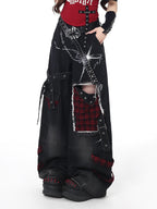 CRAZYGIRL Plaid Distressed Ripped Punk Street High Waist Women's Denim Wide-leg Jeans