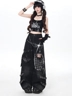 CRAZYGIRL Plaid Distressed Ripped Punk Street High Waist Women's Denim Wide-leg Jeans