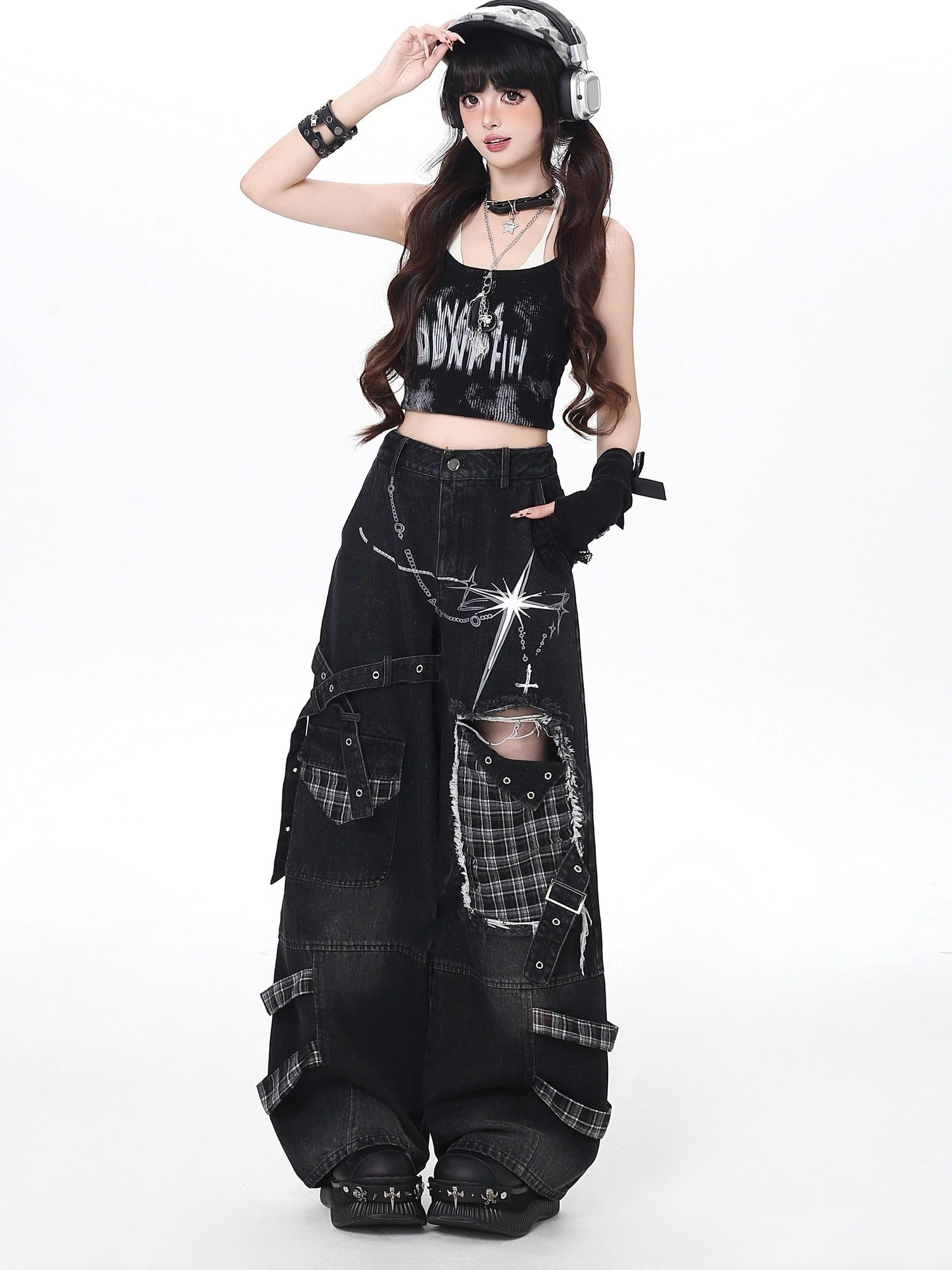 CRAZYGIRL Plaid Distressed Ripped Punk Street High Waist Women's Denim Wide-leg Jeans