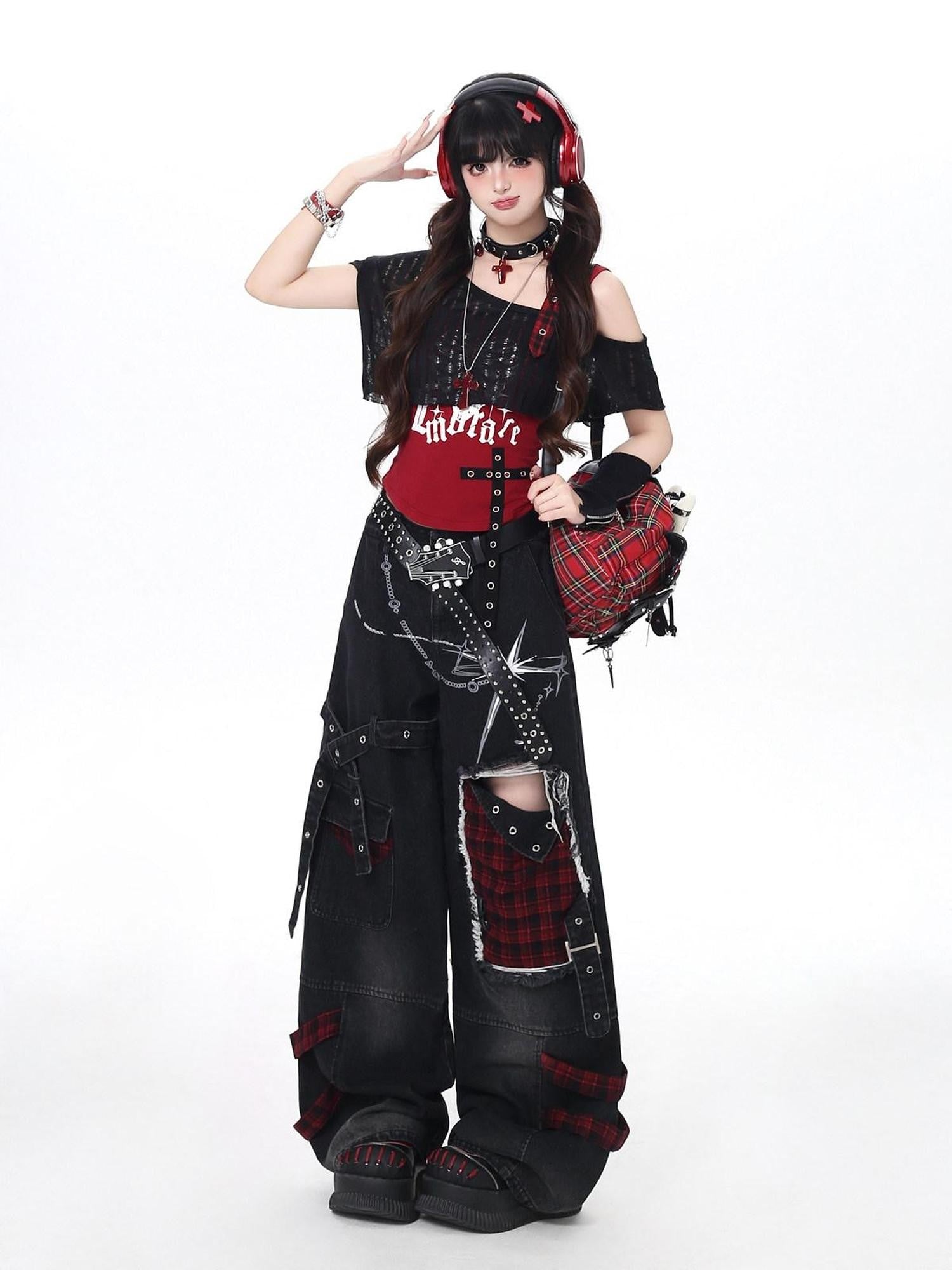CRAZYGIRL Plaid Distressed Ripped Punk Street High Waist Women's Denim Wide-leg Jeans