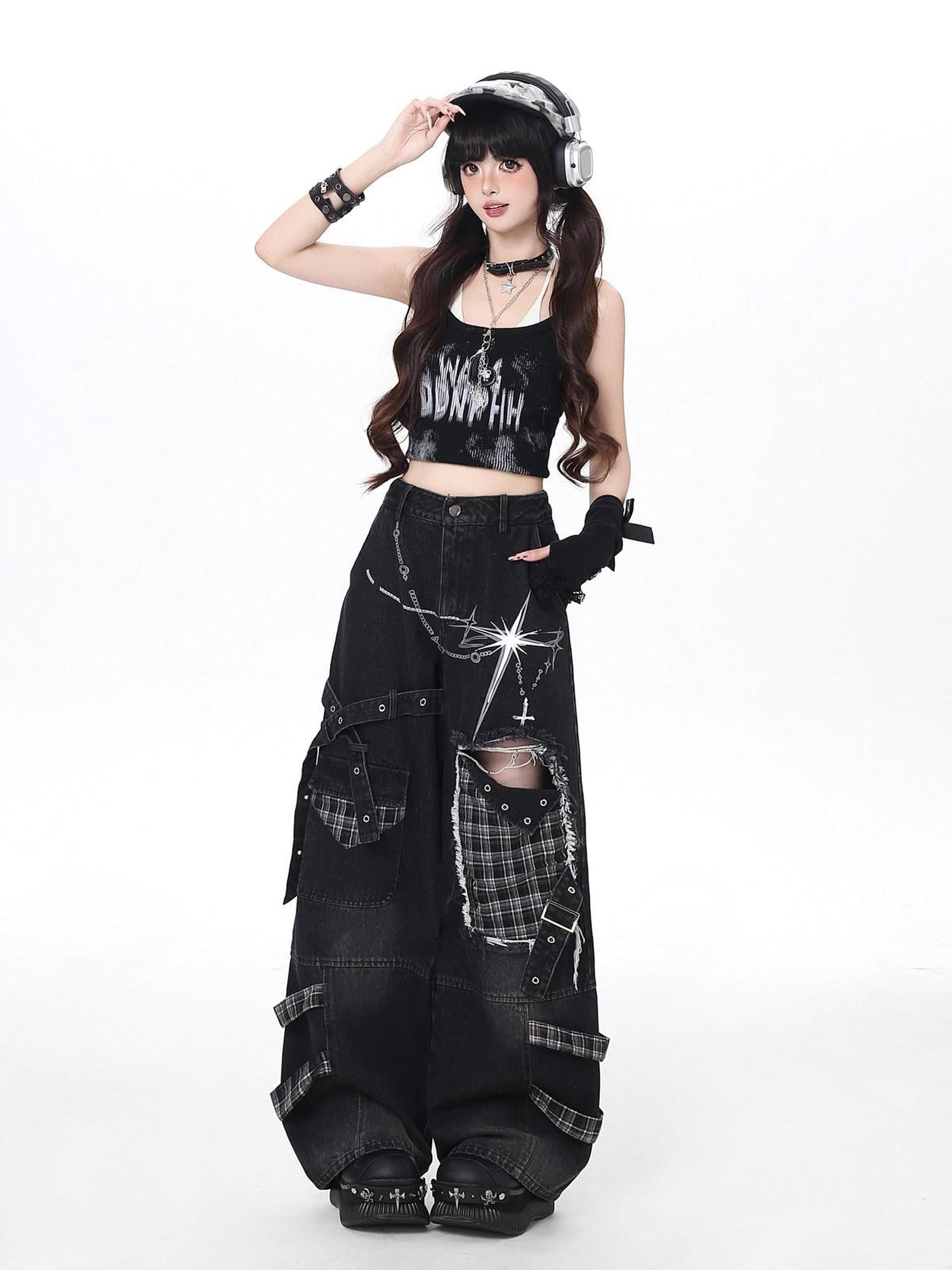 CRAZYGIRL Plaid Distressed Ripped Punk Street High Waist Women's Denim Wide-leg Jeans