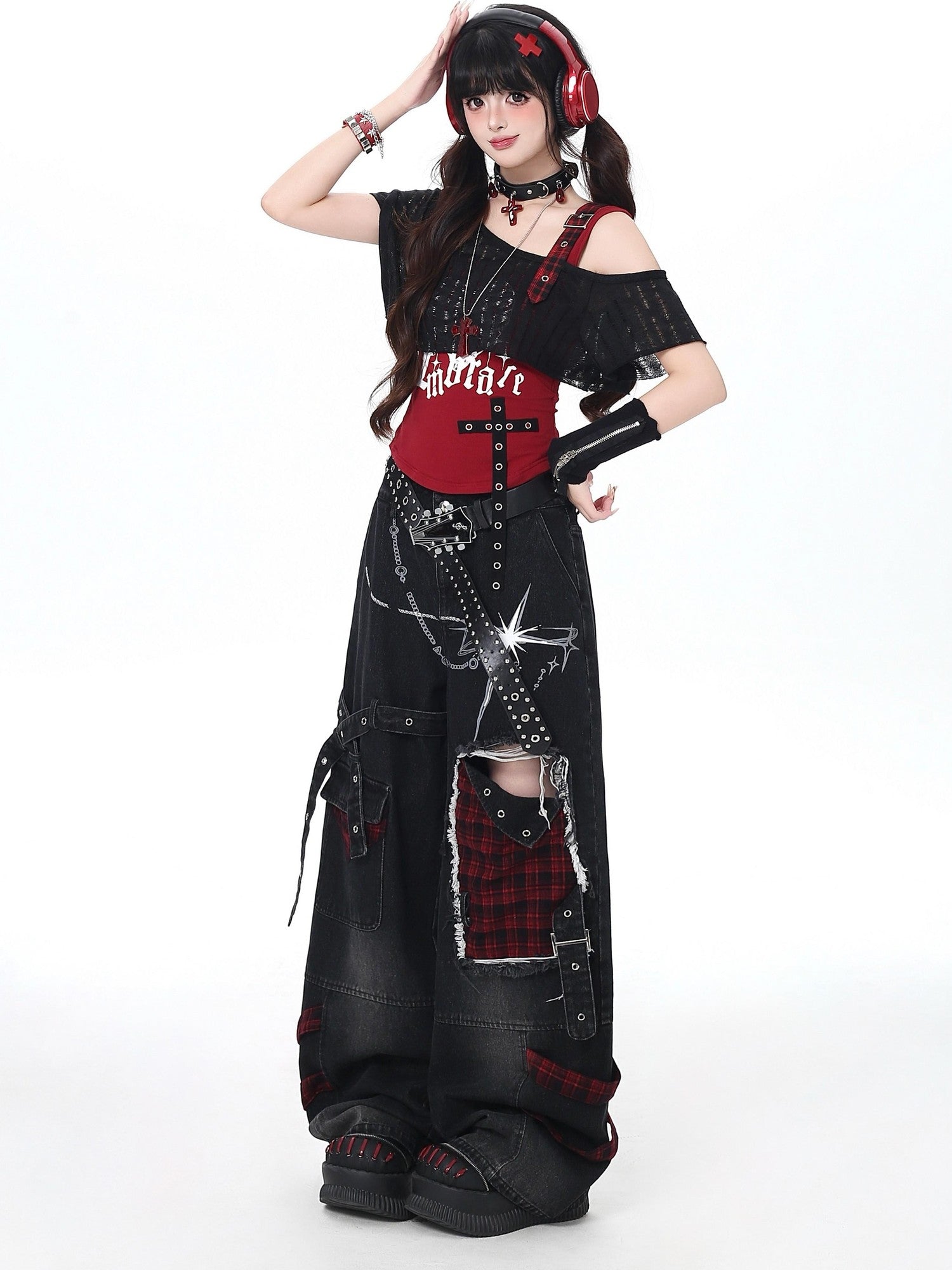 CRAZYGIRL Plaid Distressed Ripped Punk Street High Waist Women's Denim Wide-leg Jeans