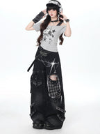 CRAZYGIRL Plaid Distressed Ripped Punk Street High Waist Women's Denim Wide-leg Jeans