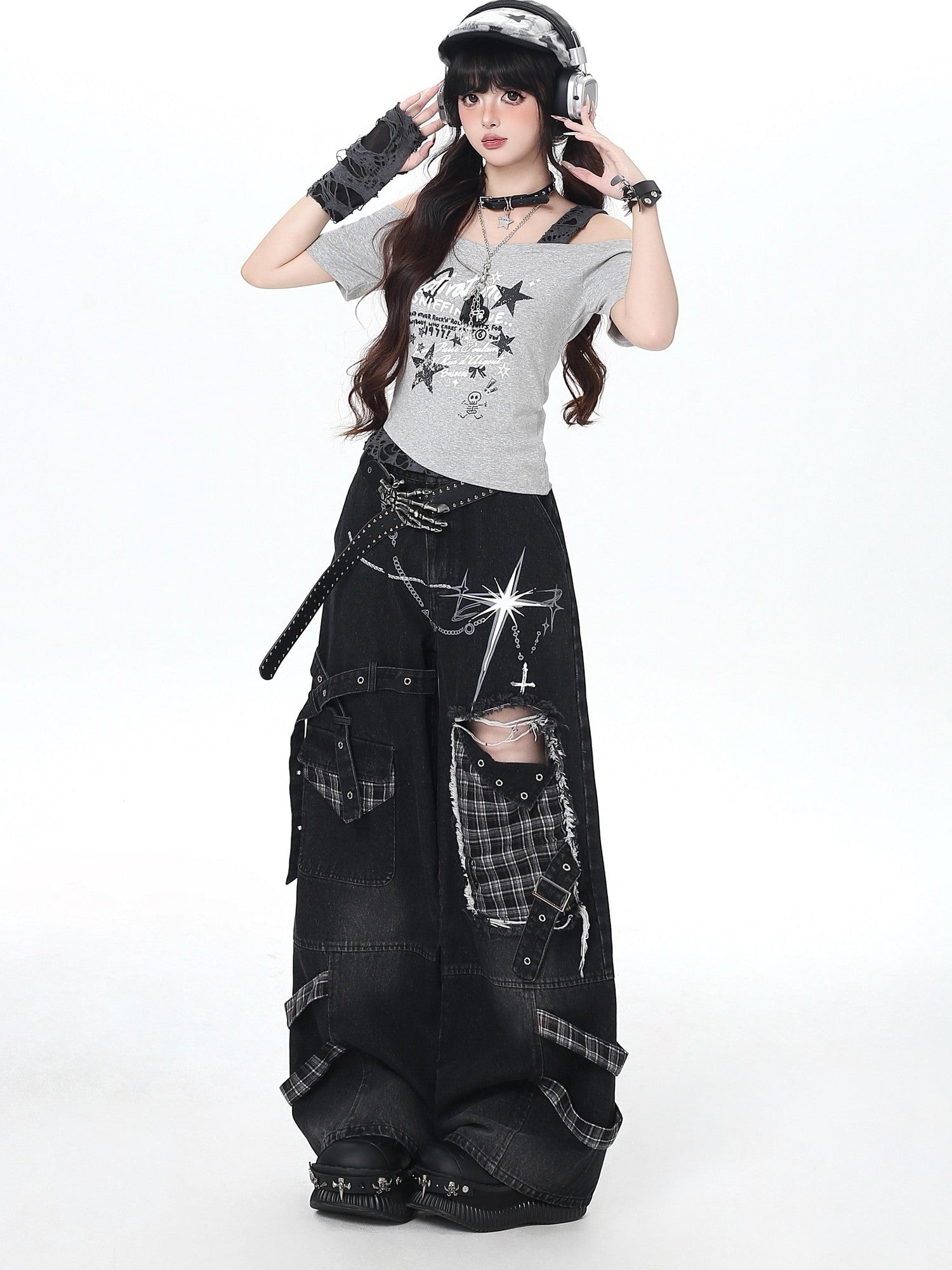 CRAZYGIRL Plaid Distressed Ripped Punk Street High Waist Women's Denim Wide-leg Jeans