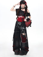 CRAZYGIRL Plaid Distressed Ripped Punk Street High Waist Women's Denim Wide-leg Jeans