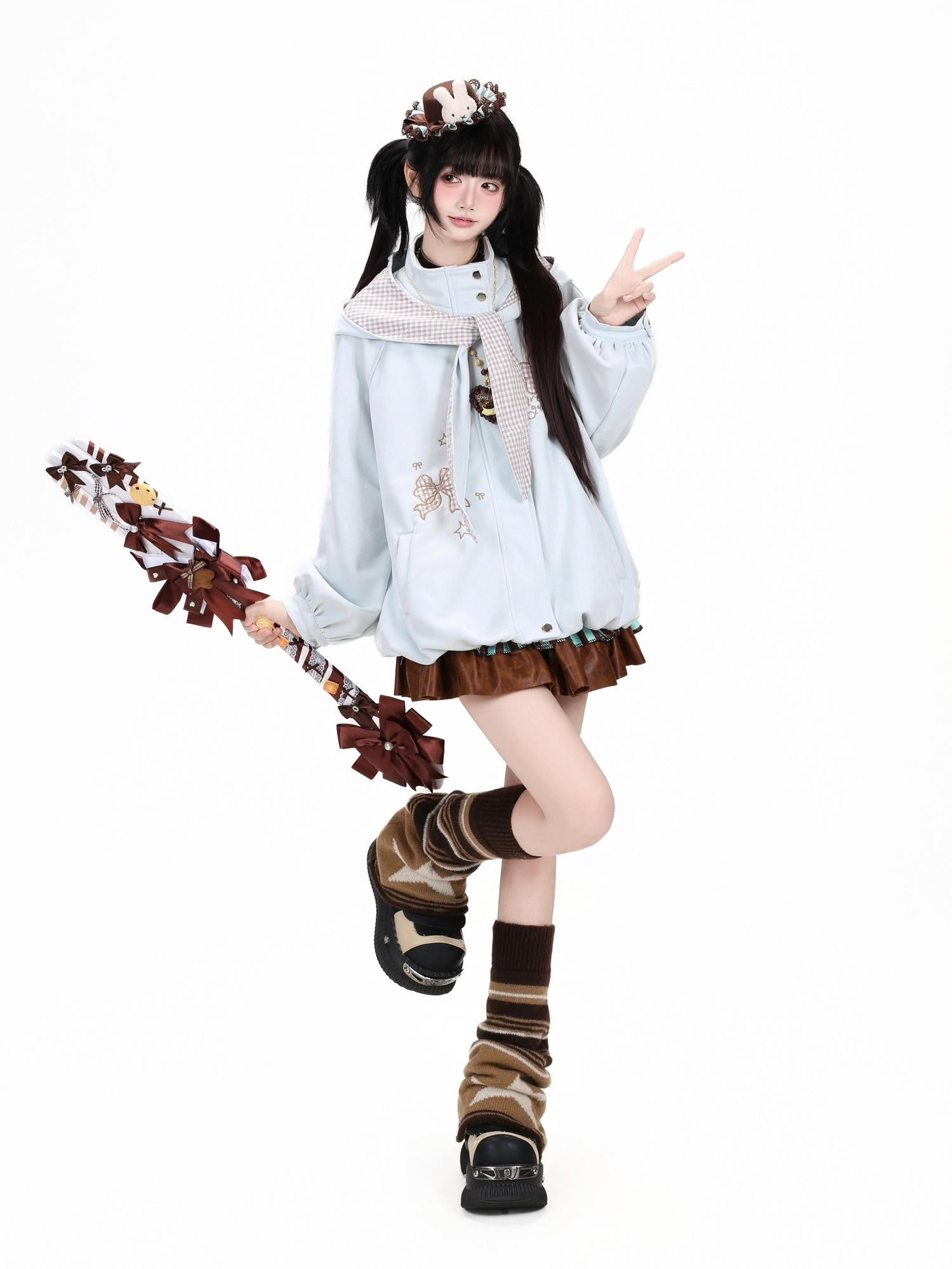 CRAZYGIRL Plaid Embroidered Bow Hooded Loose Women's Suede Leather Jackets