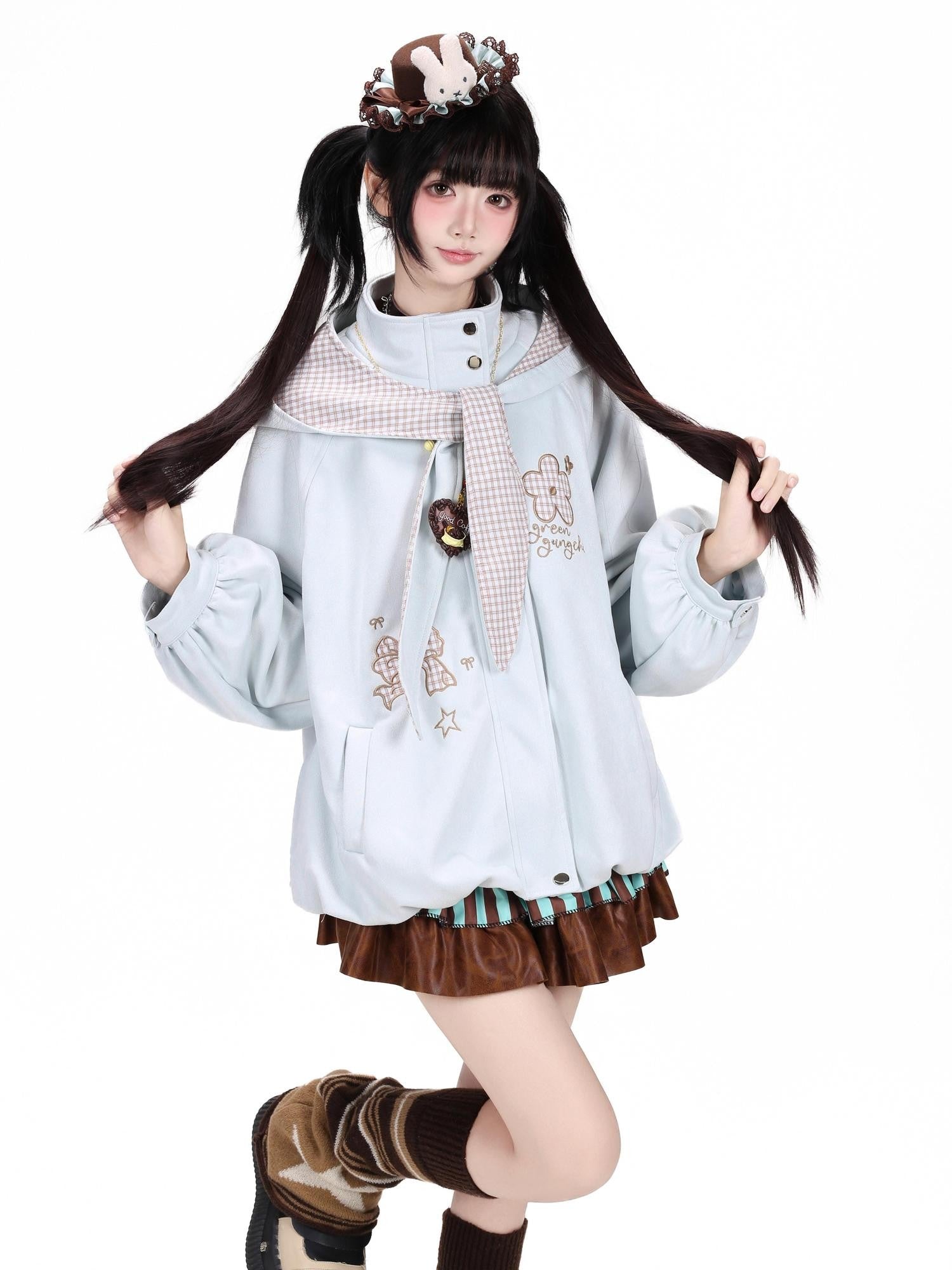 CRAZYGIRL Plaid Embroidered Bow Hooded Loose Women's Suede Leather Jackets