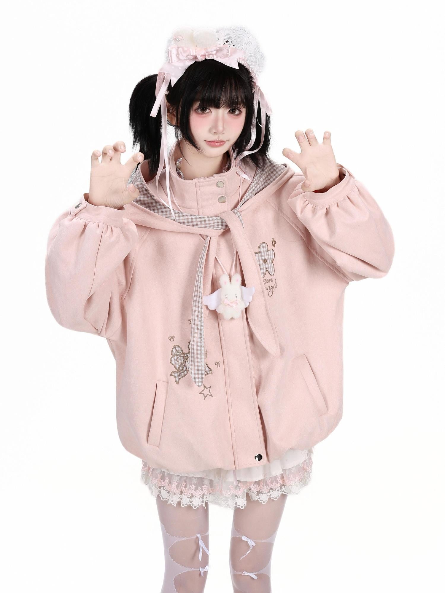 CRAZYGIRL Plaid Embroidered Bow Hooded Loose Women's Suede Leather Jackets