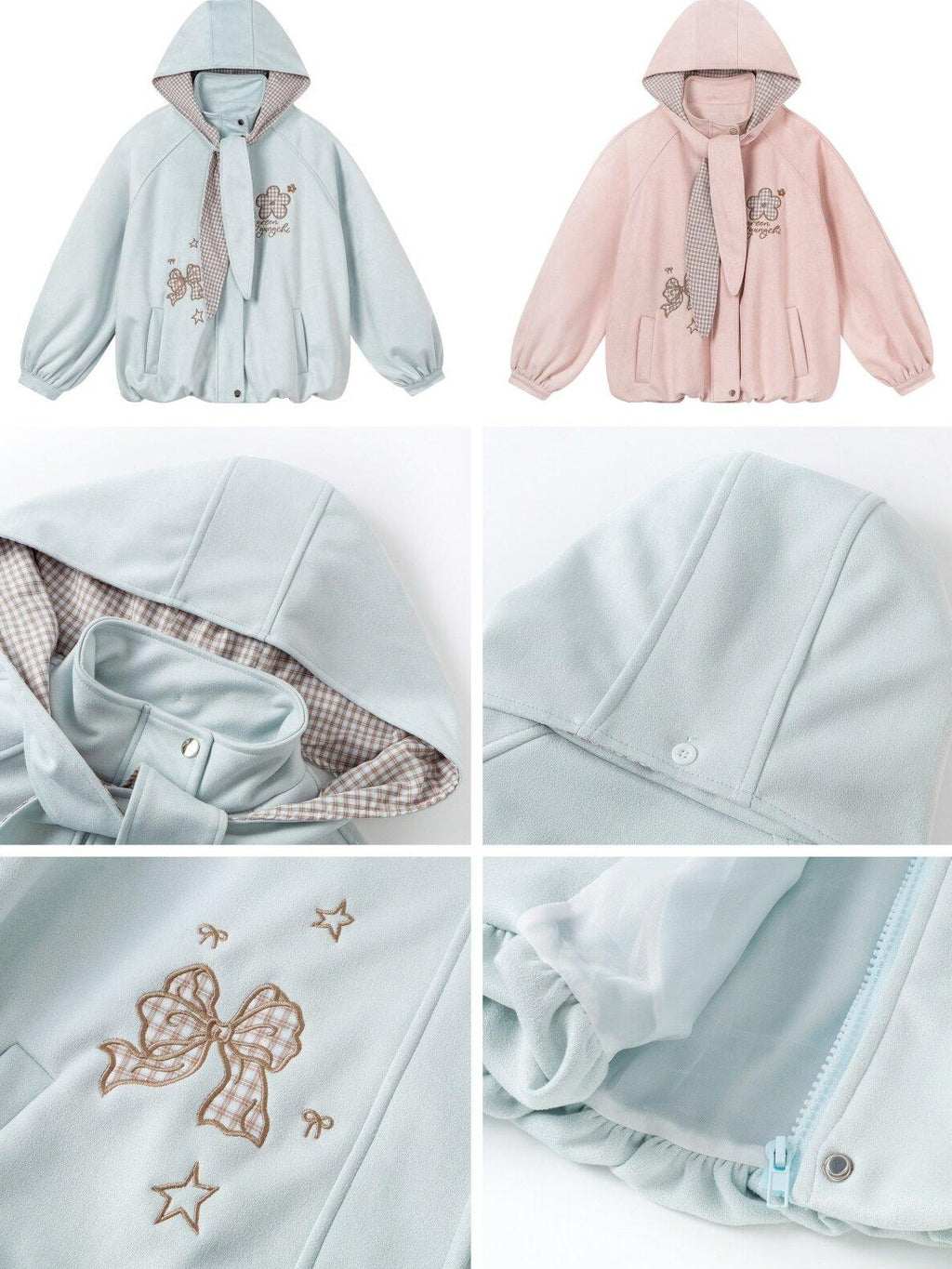 CRAZYGIRL Plaid Embroidered Bow Hooded Loose Women's Suede Leather Jackets