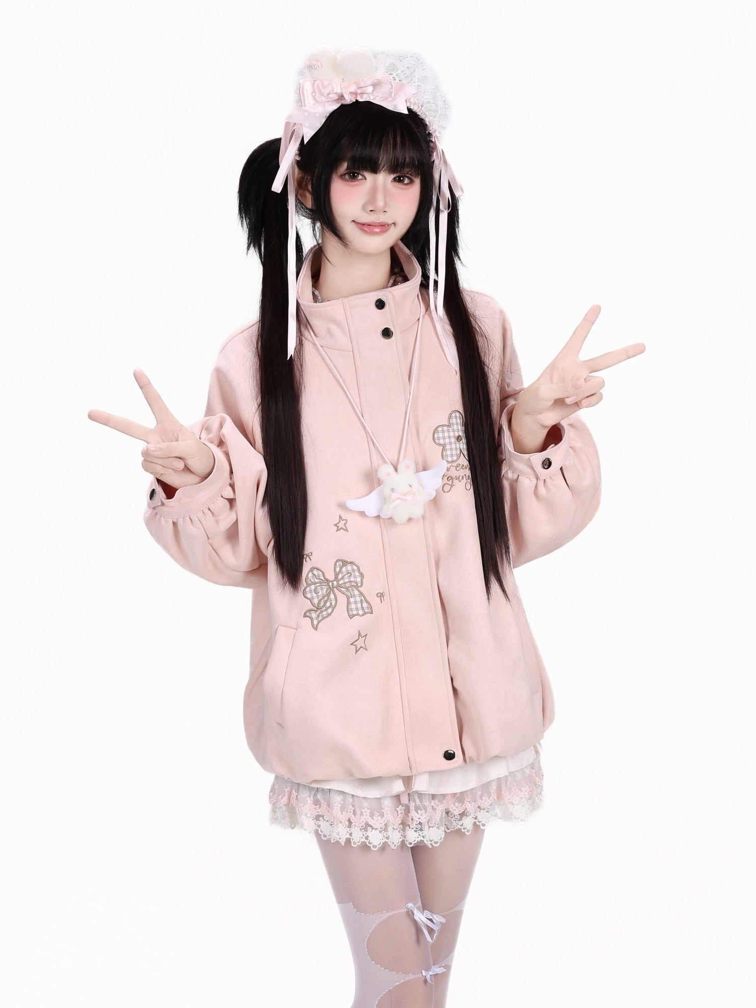 CRAZYGIRL Plaid Embroidered Bow Hooded Loose Women's Suede Leather Jackets