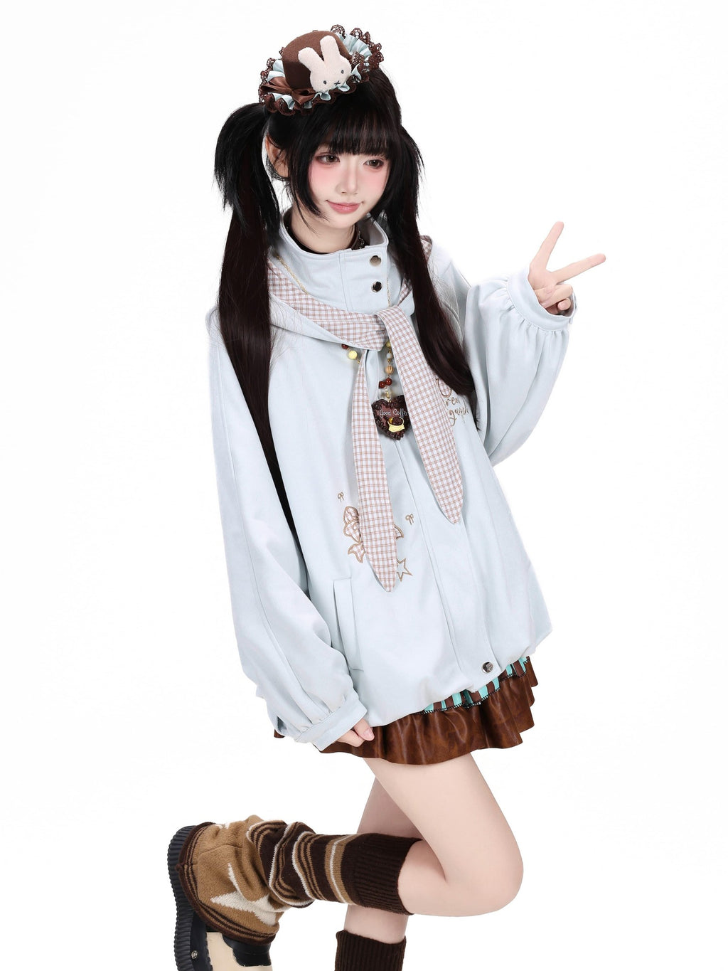 CRAZYGIRL Plaid Embroidered Bow Hooded Loose Women's Suede Leather Jackets