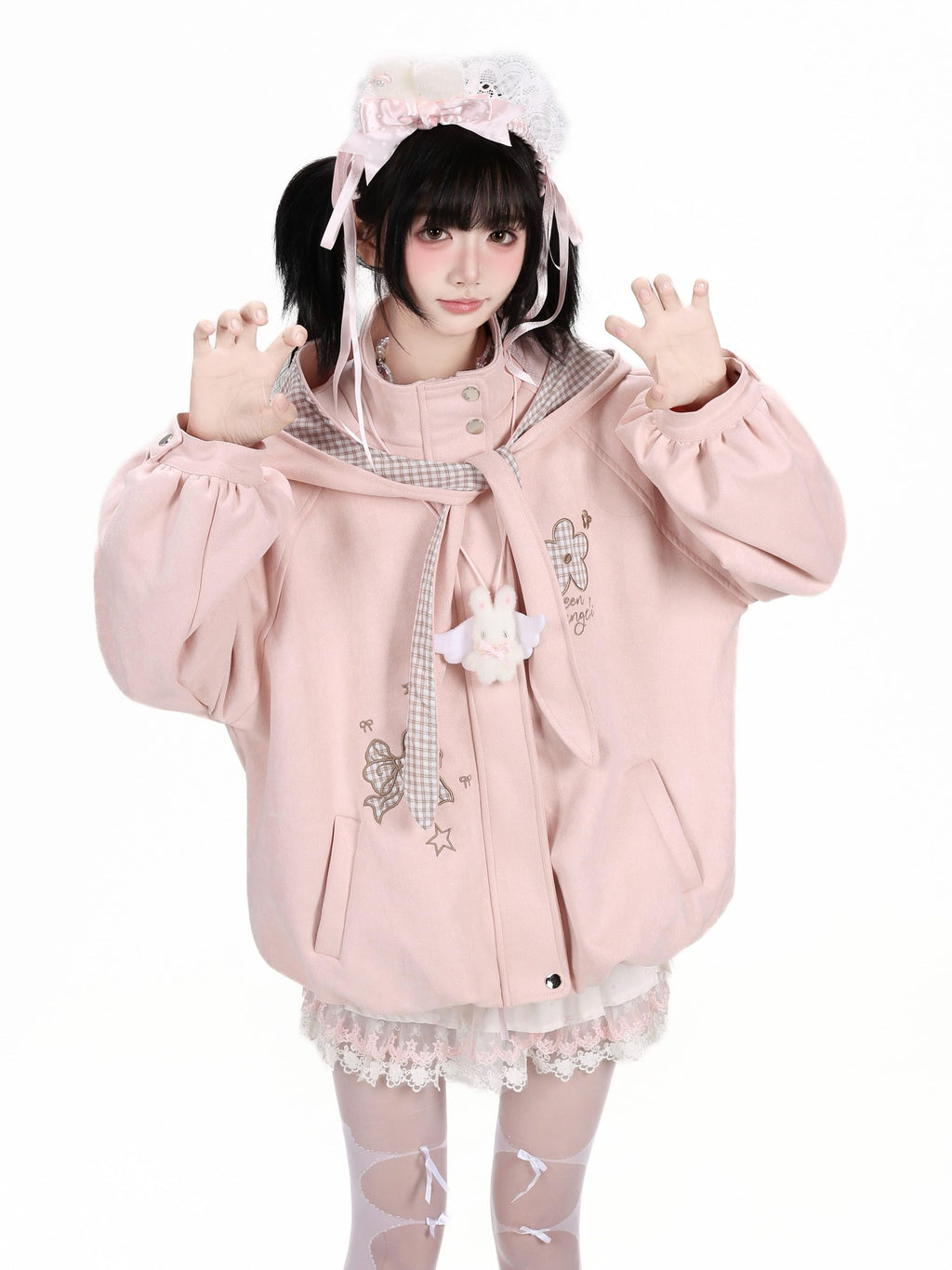 CRAZYGIRL Plaid Embroidered Bow Hooded Loose Women's Suede Leather Jackets