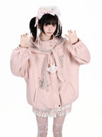 CRAZYGIRL Plaid Embroidered Bow Hooded Loose Women's Suede Leather Jackets