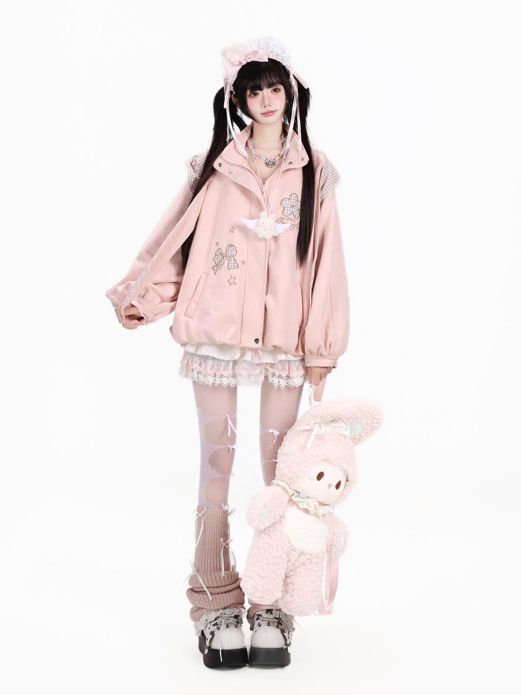 CRAZYGIRL Plaid Embroidered Bow Hooded Loose Women's Suede Leather Jackets