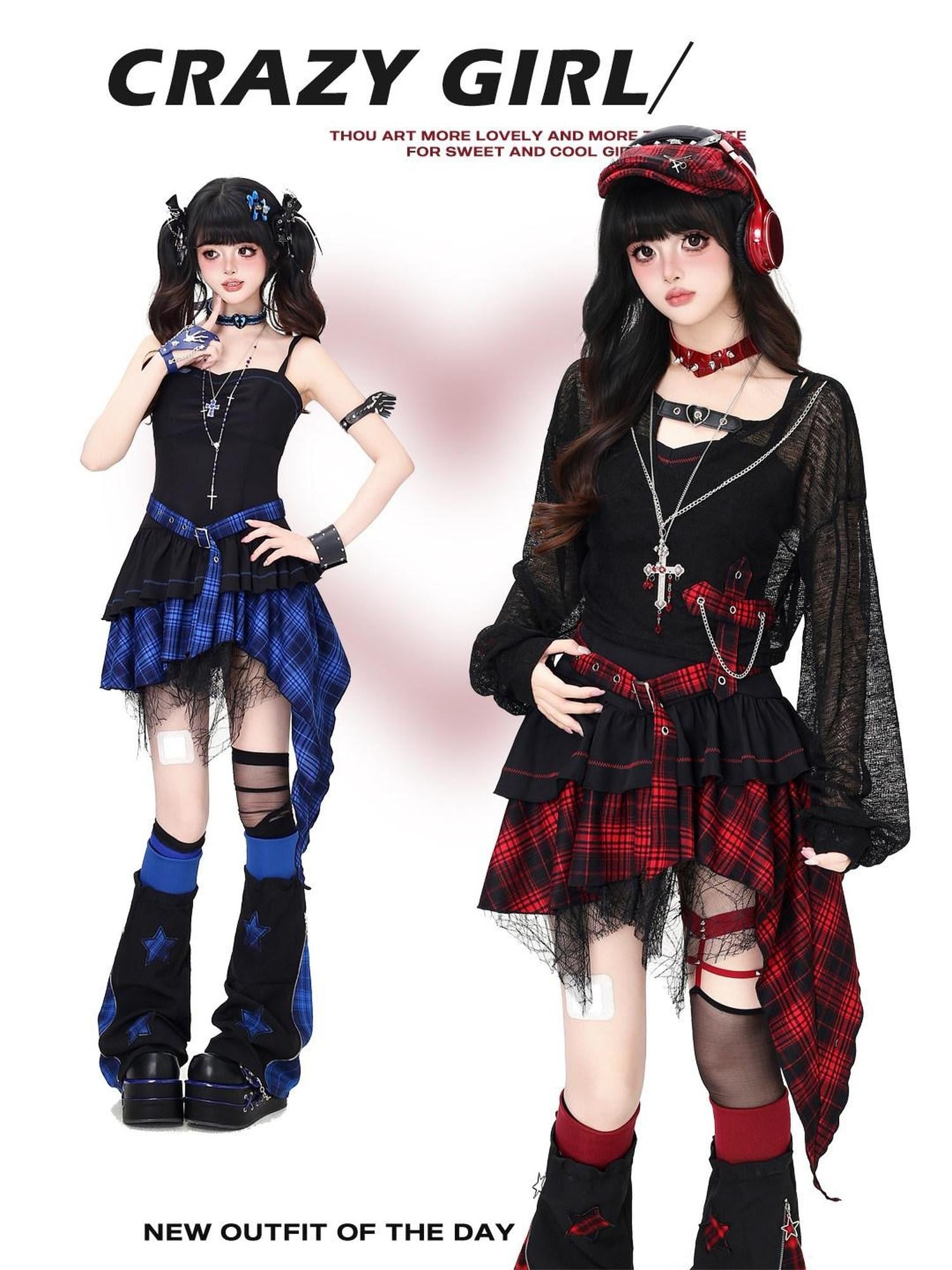 CRAZYGIRL Plaid Gothic Asymmetrical Overlay Long Sleeve Women's Slip Mini Dresses