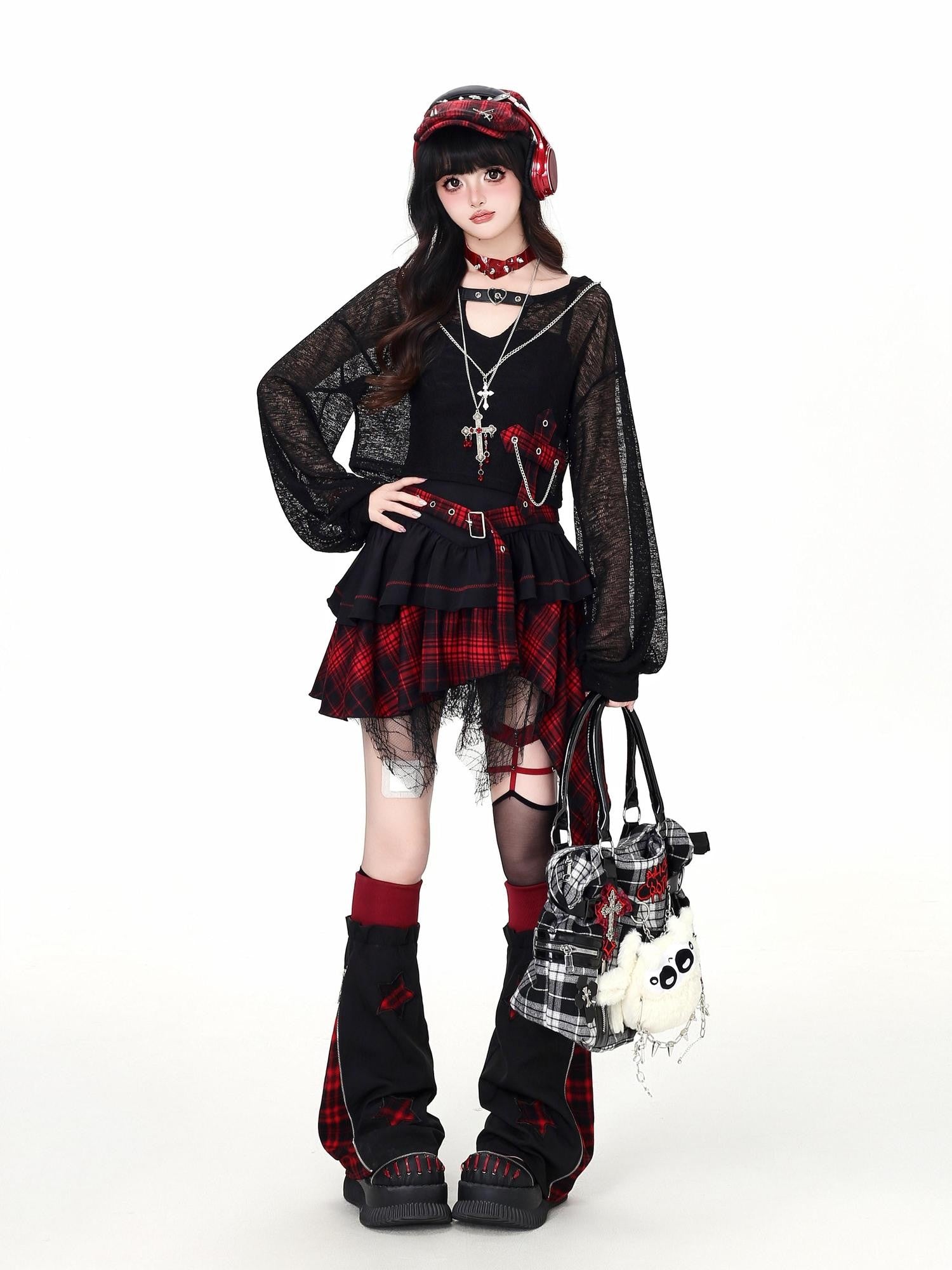 CRAZYGIRL Plaid Gothic Asymmetrical Overlay Long Sleeve Women's Slip Mini Dresses