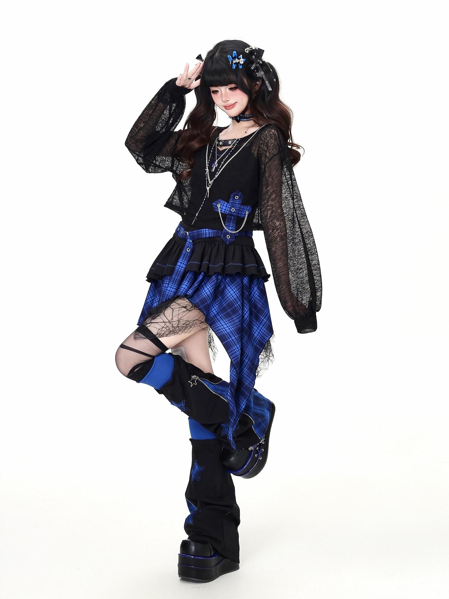 CRAZYGIRL Plaid Gothic Asymmetrical Overlay Long Sleeve Women's Slip Mini Dresses
