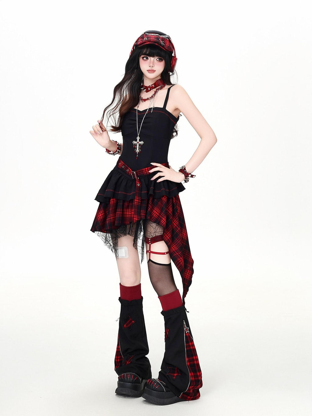 CRAZYGIRL Plaid Gothic Asymmetrical Overlay Long Sleeve Women's Slip Mini Dresses