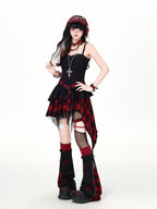 CRAZYGIRL Plaid Gothic Asymmetrical Overlay Long Sleeve Women's Slip Mini Dresses