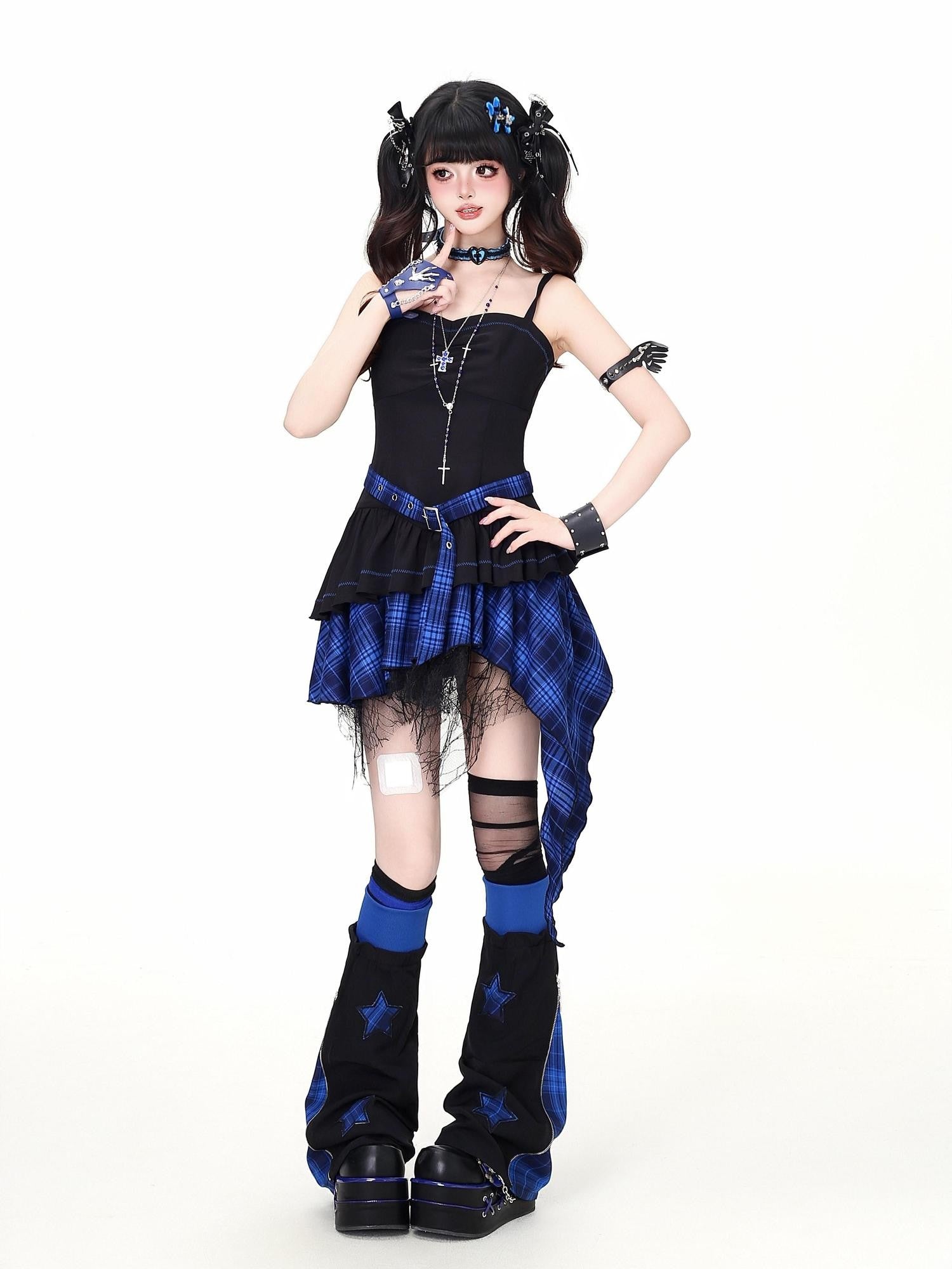 CRAZYGIRL Plaid Gothic Asymmetrical Overlay Long Sleeve Women's Slip Mini Dresses