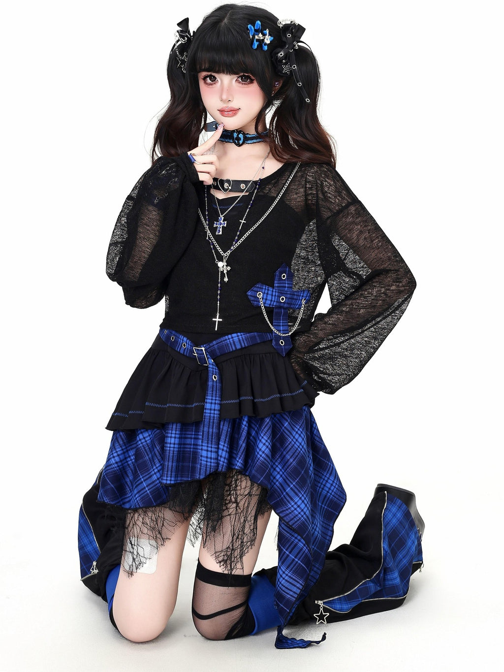 CRAZYGIRL Plaid Gothic Asymmetrical Overlay Long Sleeve Women's Slip Mini Dresses