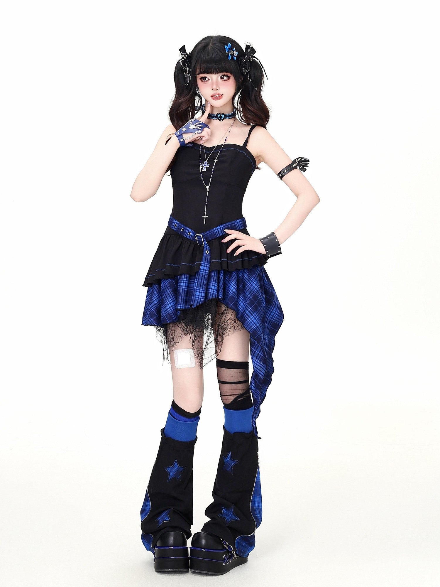 CRAZYGIRL Plaid Gothic Asymmetrical Overlay Long Sleeve Women's Slip Mini Dresses