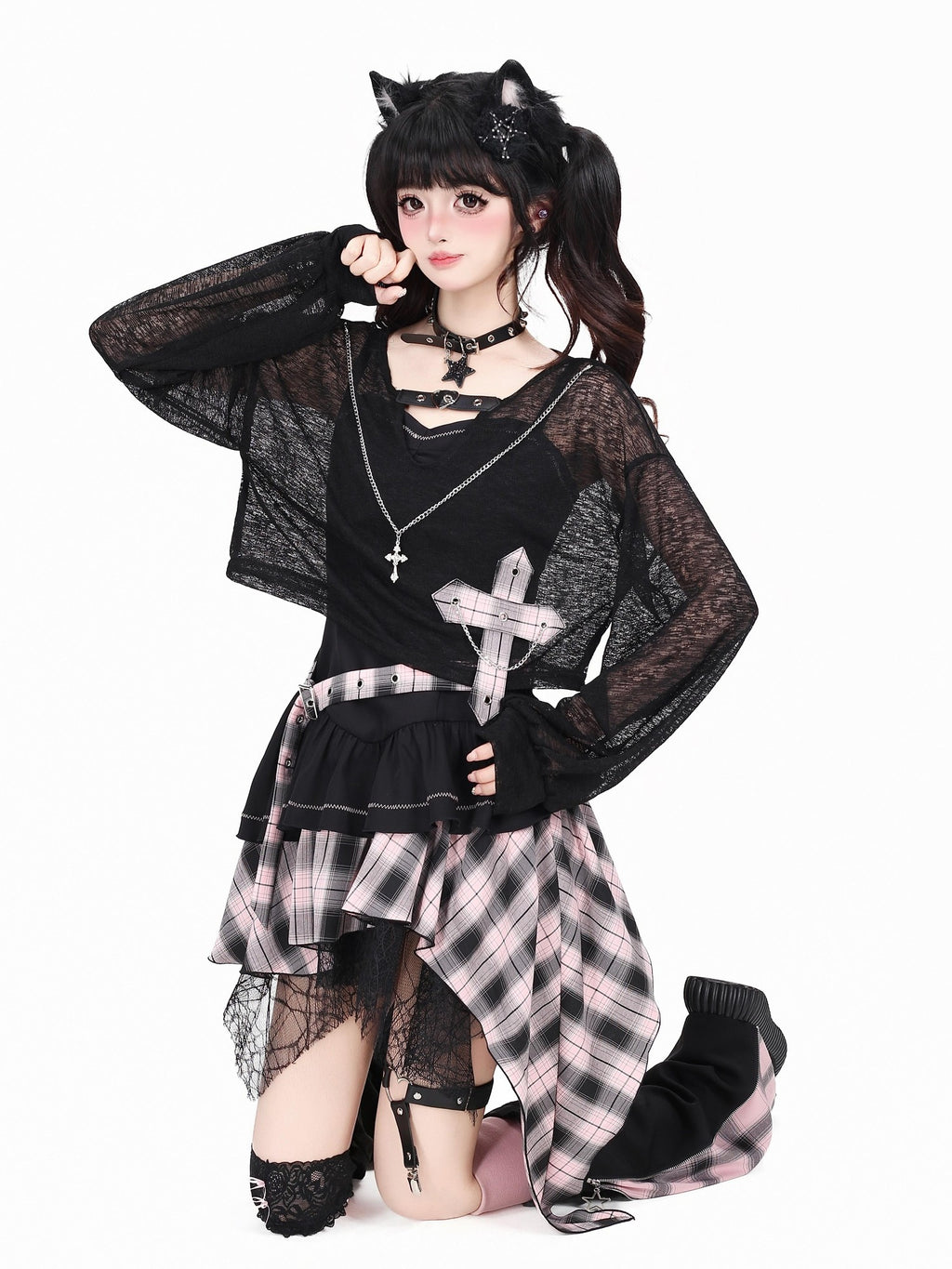 CRAZYGIRL Plaid Gothic Asymmetrical Overlay Long Sleeve Women's Slip Mini Dresses
