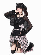 CRAZYGIRL Plaid Gothic Asymmetrical Overlay Long Sleeve Women's Slip Mini Dresses