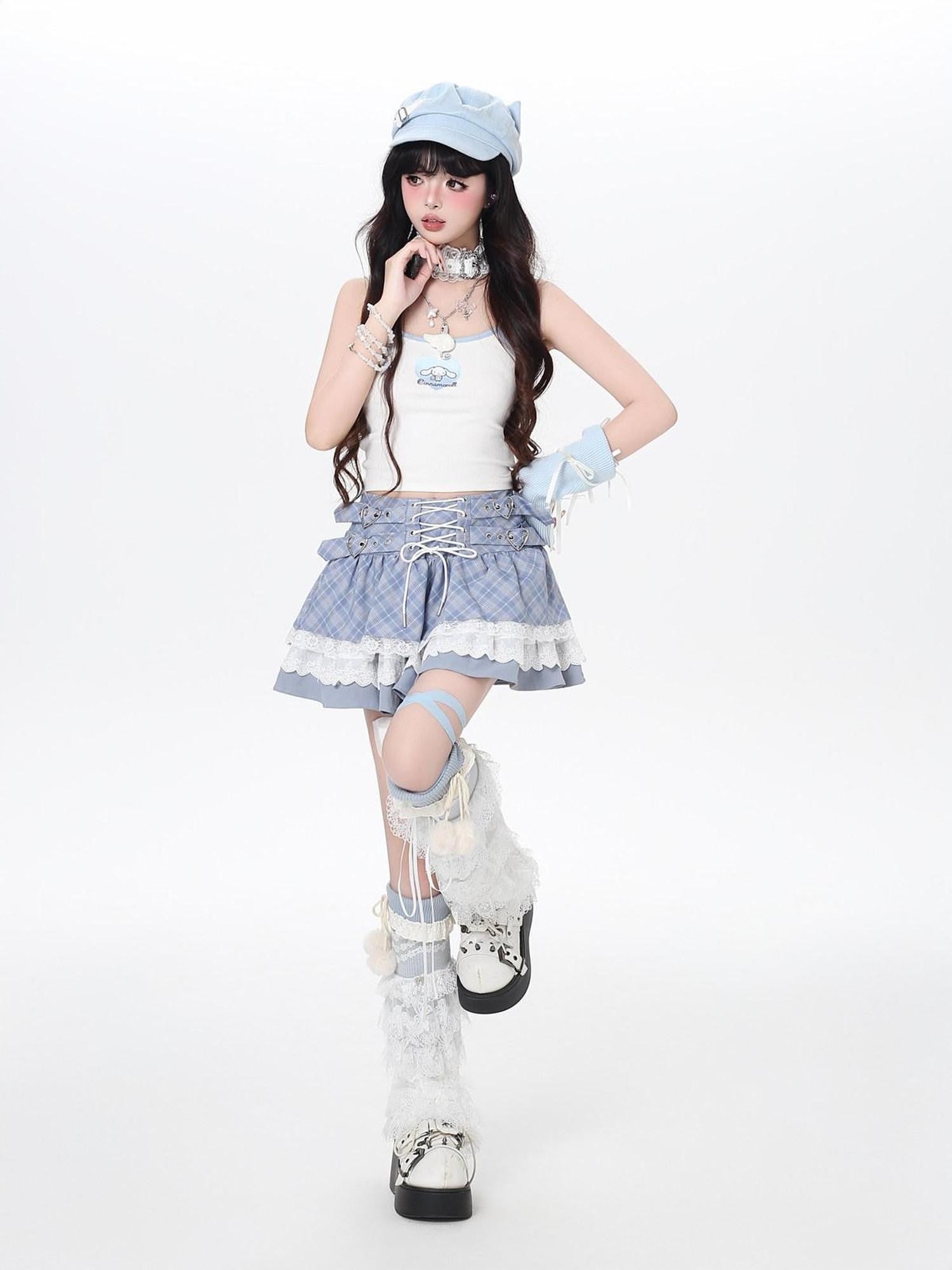 CRAZYGIRL Plaid Lace Trim Tie High Waist A Line Tiered Ballet Women's Mini Skirts