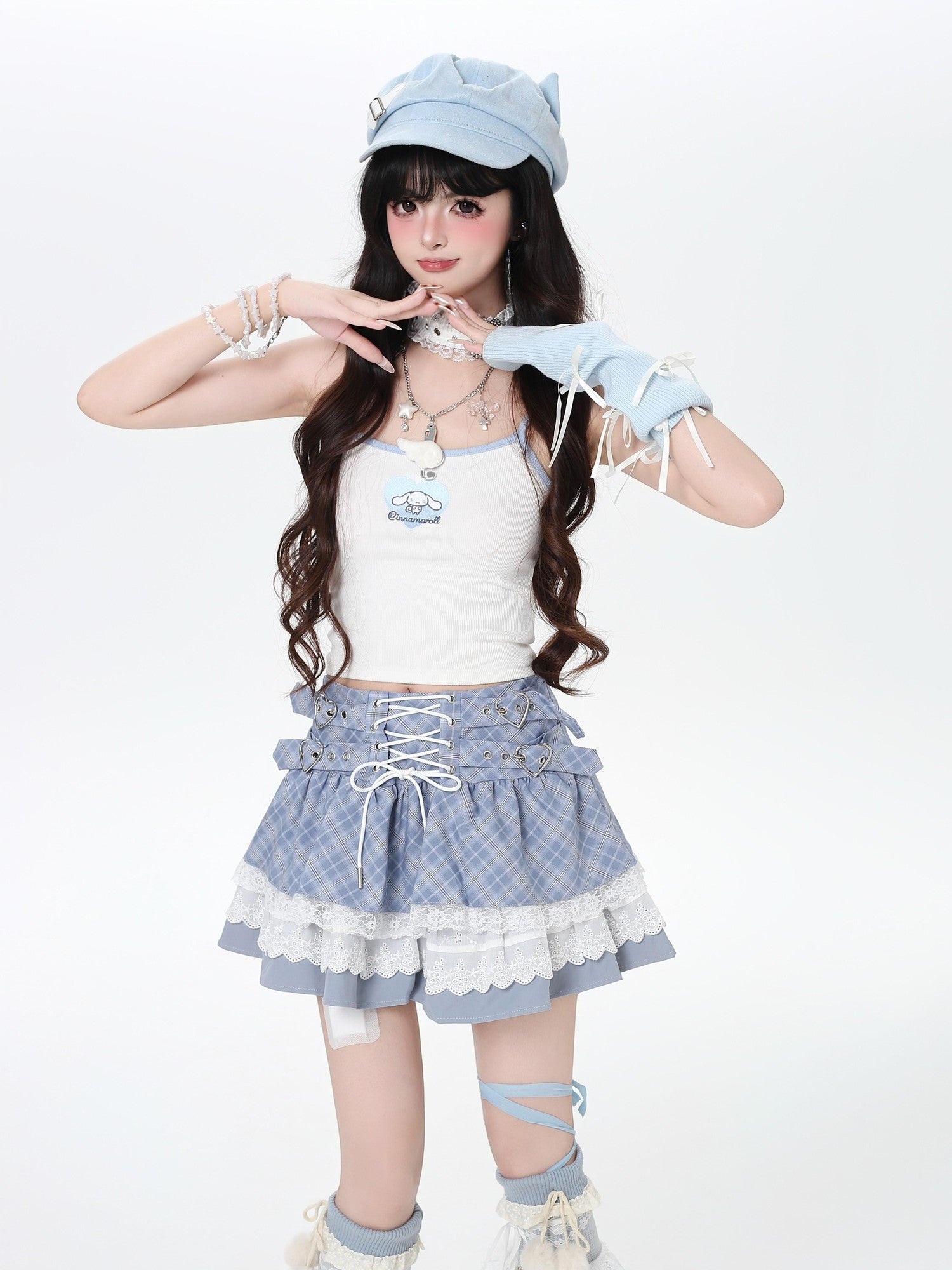 CRAZYGIRL Plaid Lace Trim Tie High Waist A Line Tiered Ballet Women's Mini Skirts