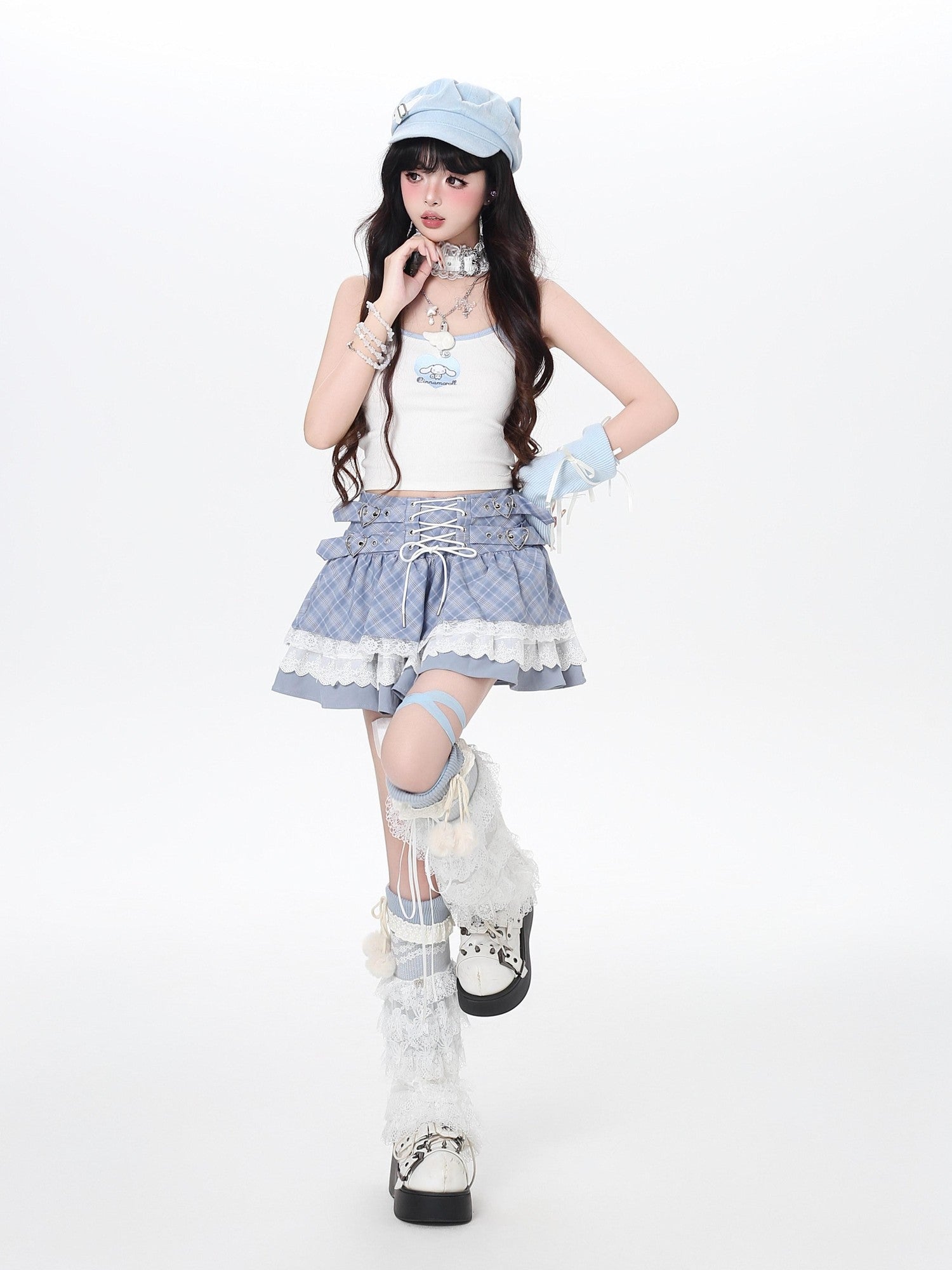 CRAZYGIRL Plaid Lace Trim Tie High Waist A Line Tiered Ballet Women's Mini Skirts